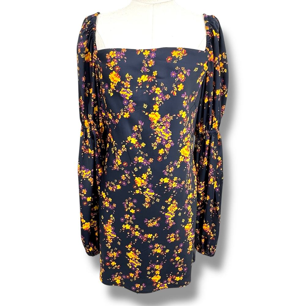 C/MEO Collective mini satin dress large bishop sleeves square neck blue floral